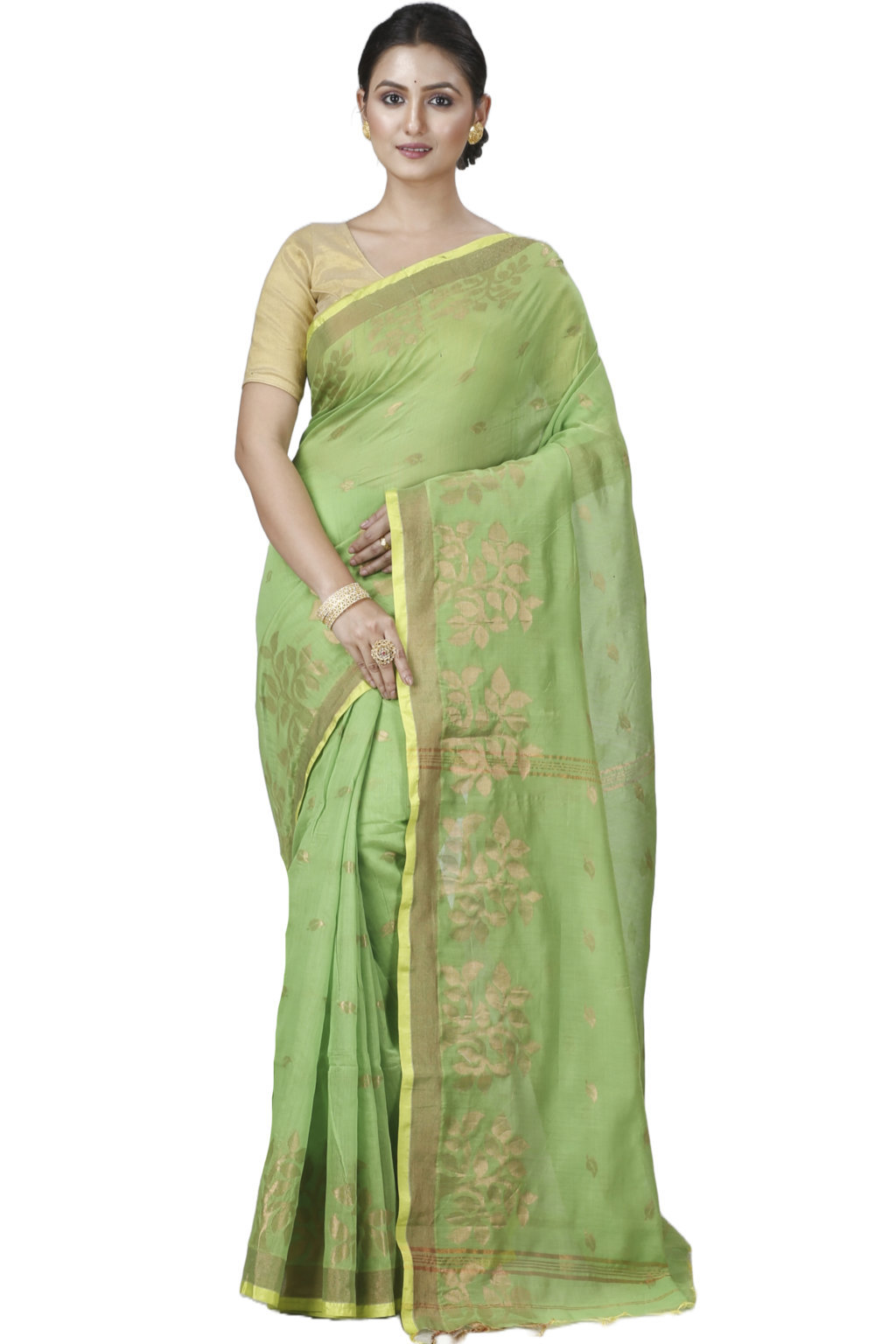 Green Blended Cotton Tina Hand Loom Saree (1215)